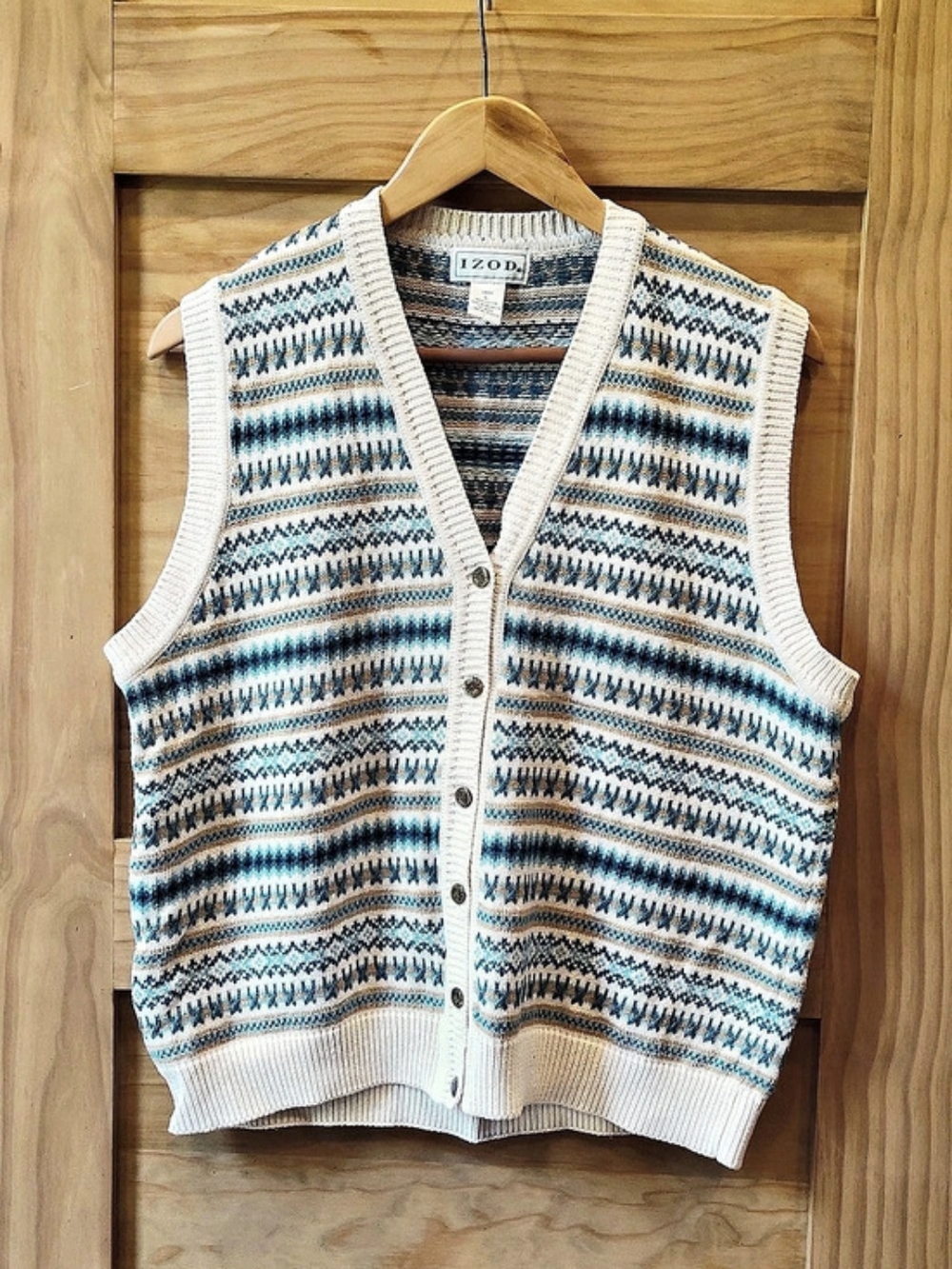 IZOD Vintage Blue Cream Gold Fair Isle Academia Button Up Sweater Vest | Lg